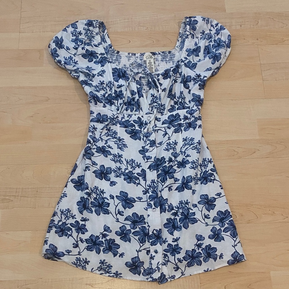 Jessica Simpson Blue Button Summer Floral Puff Sleeve Cottagecore Dress Size M